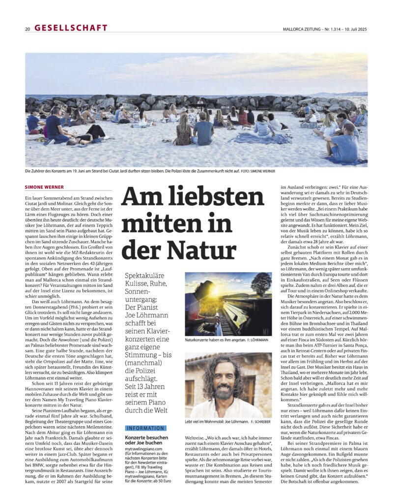 Joe Löhrmann spielt Klavier am Strand – Mallorca Zeitung berichtet über My Traveling Piano